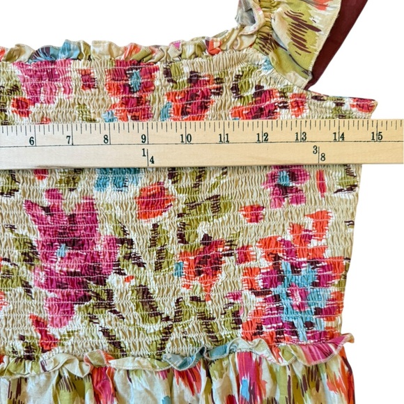 House of Harlow 1960 Floral Smocked Tiered Maxi Dress Ruffle Sleeve Burgundy Med - Picture 8 of 9